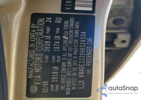 2009 Kia Rio Base z USA, uszkodzony, nr VIN KNADE223996524504